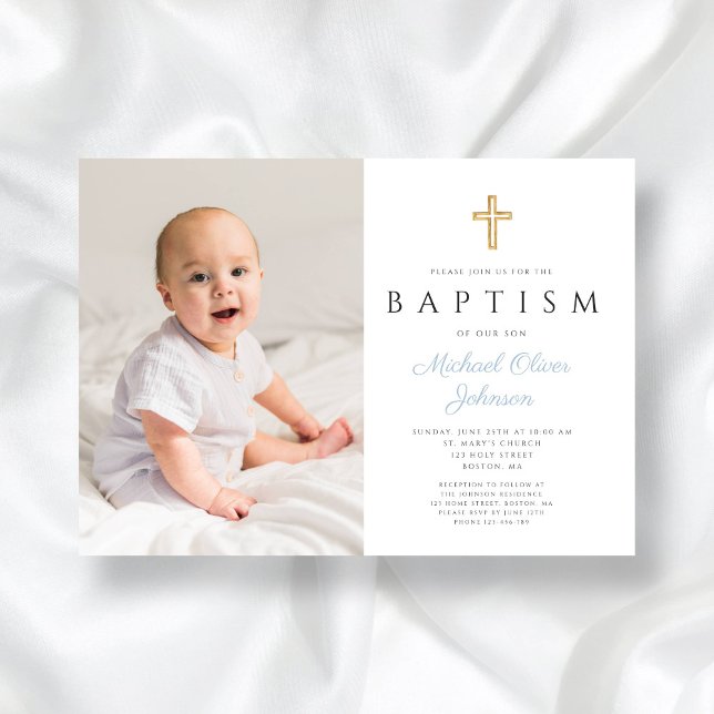 Invitation Bébé Bleu Script Croix Boy Photo Baptême (Baby Blue Script Cross Boy Photo Baptism Invitation)