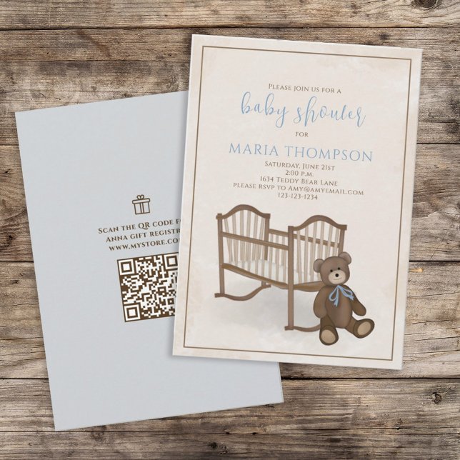 Invitation Bébé Bleu Teddy Ours QR Code Cadeau (Créateur téléchargé)