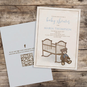 Invitation Bébé Bleu Teddy Ours QR Code Social Media