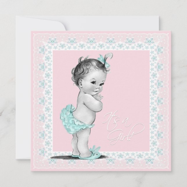Invitation Bébé bleu turquoise et rose Douche fille (Devant)