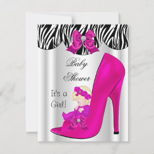 Invitation Bébé Blond Fille de Fête de Naissance Rose Chaussu