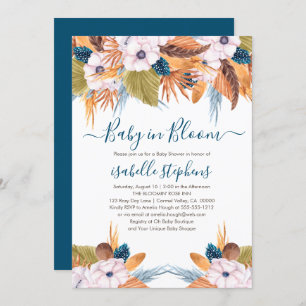 Invitation Bébé Boho bleu en fleur Baby shower en herbe Pampa