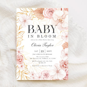 Invitation Bébé Boho En Fleur Baby shower Rose Fleur Bleu