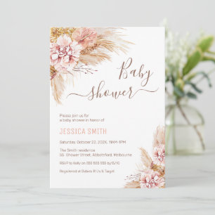 Invitation Bébé Boho Rose Floral Pampas Baby shower en herbe