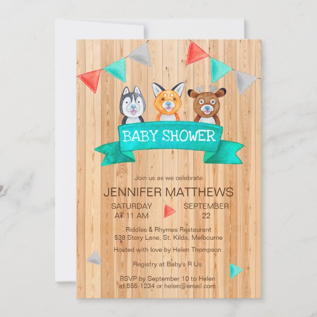 Invitation Bébé Bois Animaux Aquarelle Baby shower (Devant)