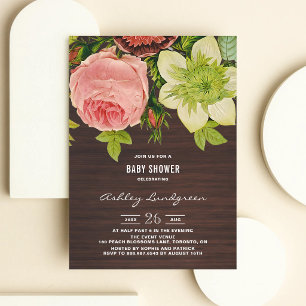 Invitation Bébé Botanique Florale Rustique Bois Vintage