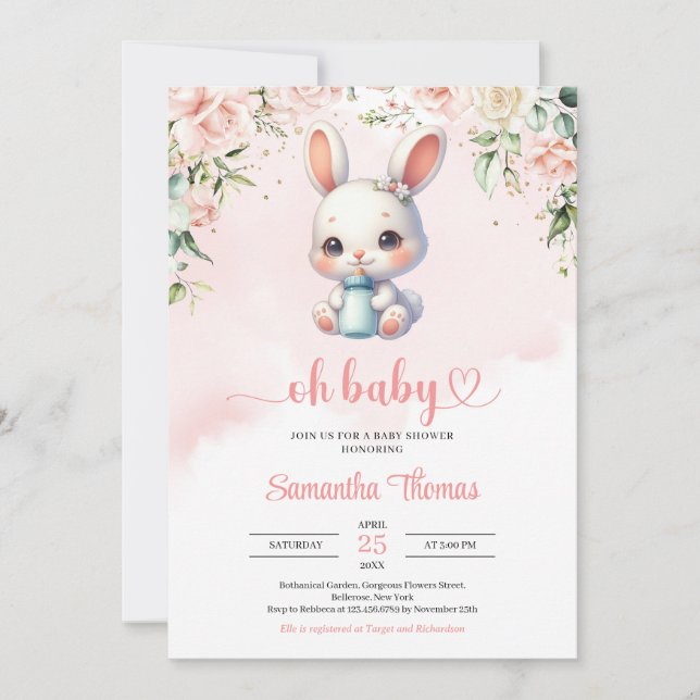 Invitation Bébé bouteille de lait de lapin aquarelle bleu flo (Devant)