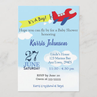 Invitation Bébé Boy Shower Avion Sky Blue
