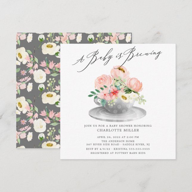 Invitation Bébé brassage Pies roses Floral Baby Tea Invita (Devant / Derrière)