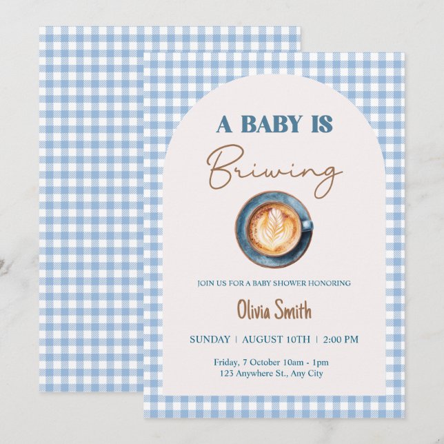 Invitation Bébé brasse Baby shower café bleu En vichy (Devant / Derrière)