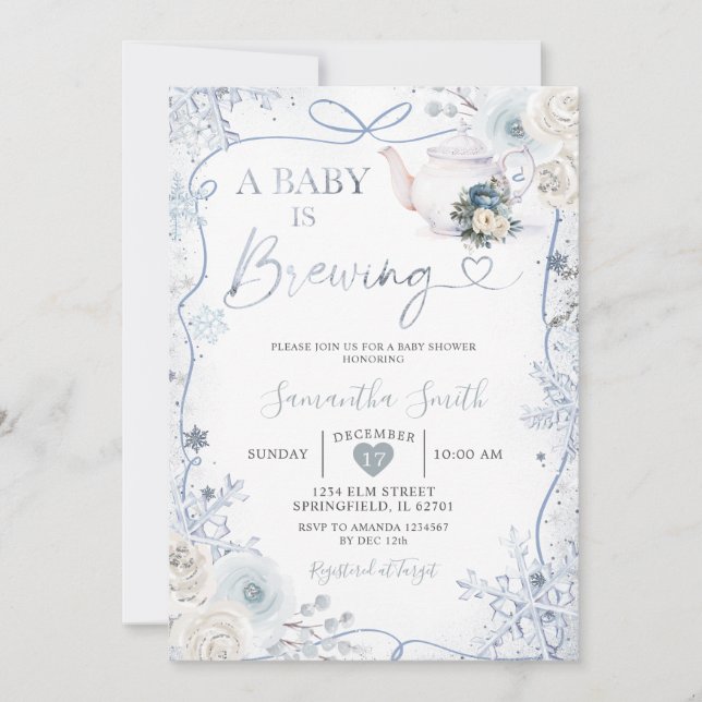Invitation Bébé brasse Baby shower neige hivernal Bow ruban (Devant)