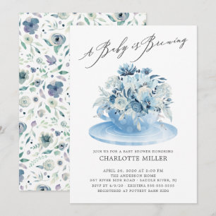 Invitation Bébé brasse Bleu Floral Baby Tea Garçon