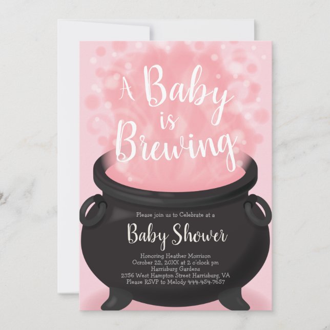 Invitation Bébé brasse Douche sorcière rose fille Cauldron (Devant)
