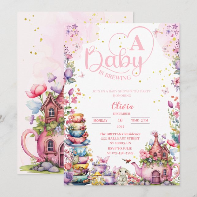 Invitation bébé brasse du baby shower de thé en or rose (Devant / Derrière)