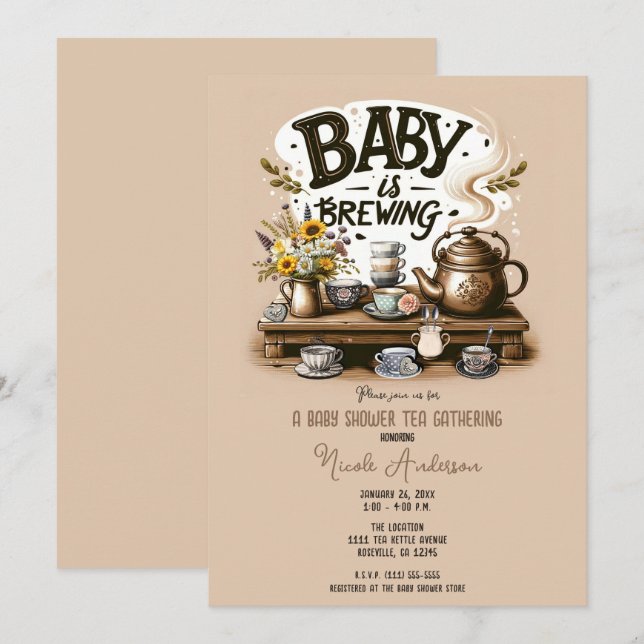 Invitation Bébé brasse Rustique Tea Kettle Peach Douche (Devant / Derrière)