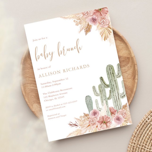 Invitation Bébé brunch cactus rose floral fille baby shower (Créateur téléchargé)