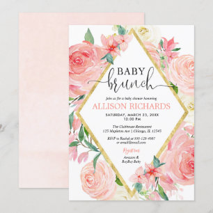 Invitation Bébé brunch d'une fille à l'aquarelle florale d'or