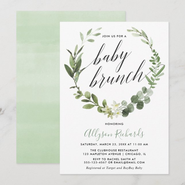 Invitation Bébé brunch genre neutre eucalyptus (Devant / Derrière)
