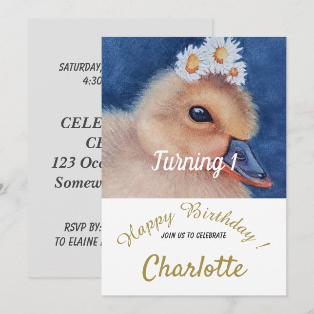 Invitation Bébé canard 1er anniversaire (Devant / Derrière)
