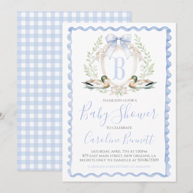 Invitation Bébé canard douche garçon Preppy En vichy bleu (Devant / Derrière)