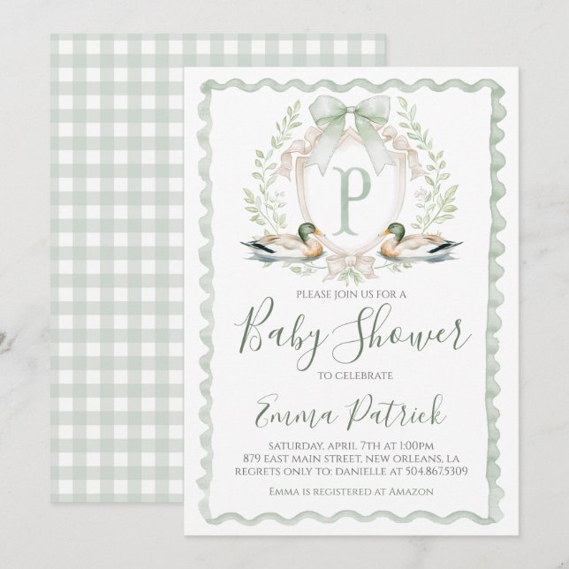 Invitation Bébé canard douche garçon Preppy En vichy Sage Gre (Devant / Derrière)