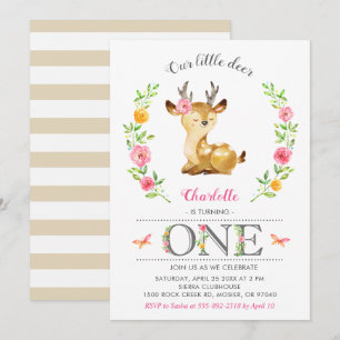 Invitation Bébé cerf fille Woodland Floral 1er premier annive