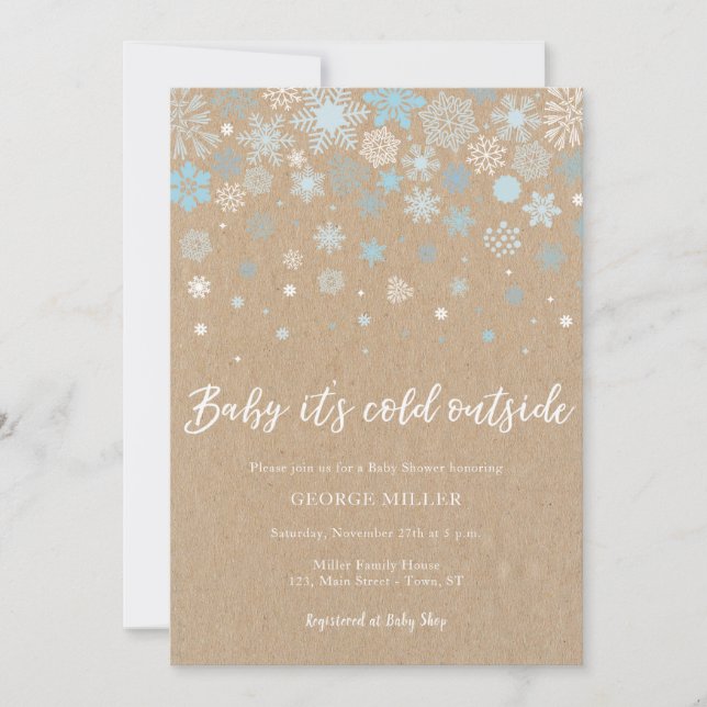Invitation Bébé c'est extérieur froid, baby shower de flocons (Devant)