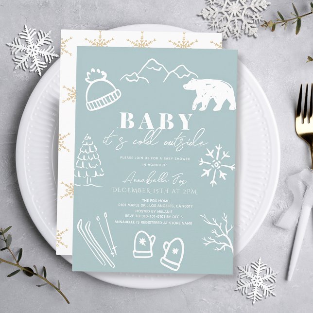 Invitation Bébé C'est froid dehors Baby shower bleu dessiné à (Créateur téléchargé)