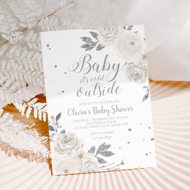 Invitation Bébé c'est froid dehors Baby shower floral argent  (Créateur téléchargé)