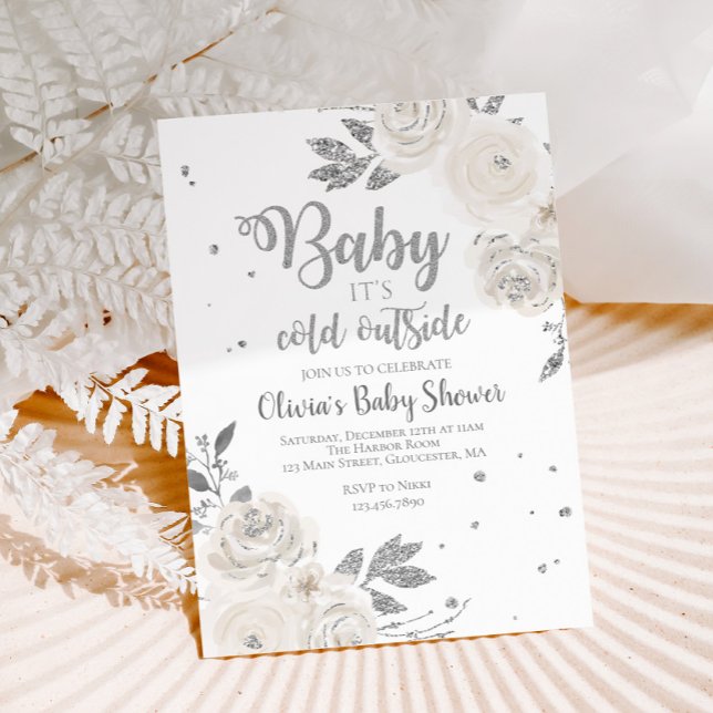 Invitation Bébé c'est froid dehors Baby shower floral argenté (Créateur téléchargé)