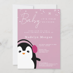 Invitation Bébé C'est froid dehors fille mignonne Penguin ros