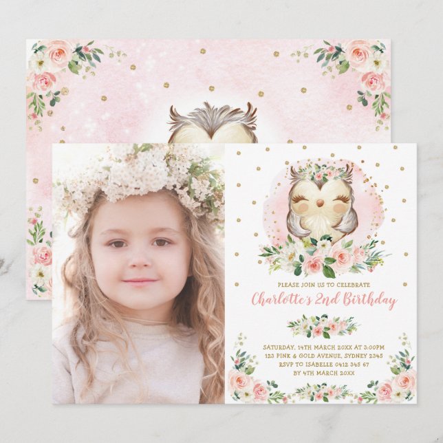 Invitation Bébé Chouette rousse Pink Gold Flowers Anniversair (Devant / Derrière)