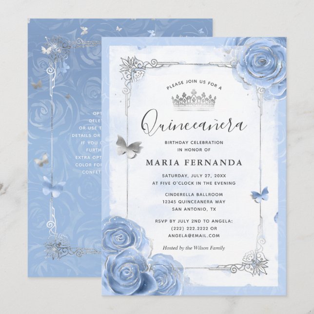 Invitation Bébé clair argent Bleu Roses élégant Quinceanera (Devant / Derrière)