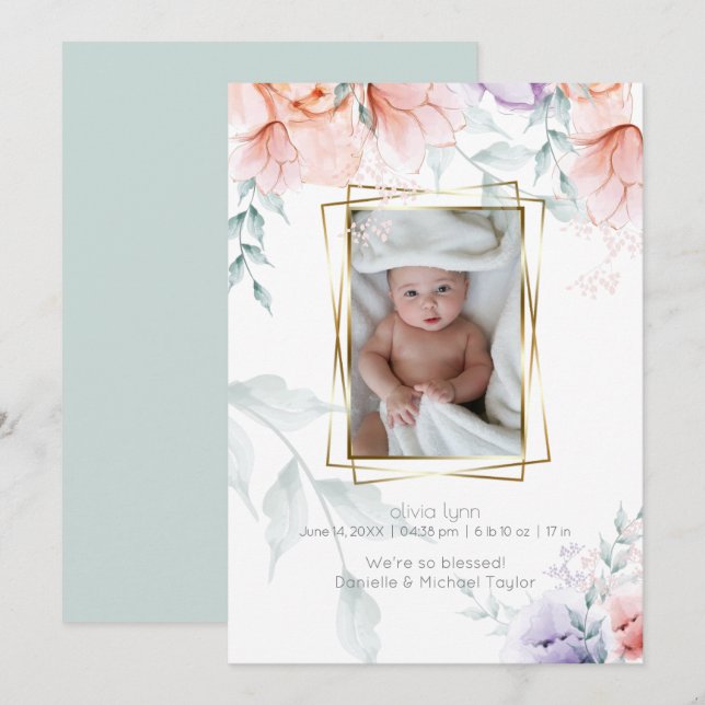 Invitation Bébé | Coral Lilac Aquarelle Peony Fleurs (Devant / Derrière)