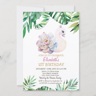 Invitation Bébé cygne à l'aquarelle, feuilles 1er anniversair
