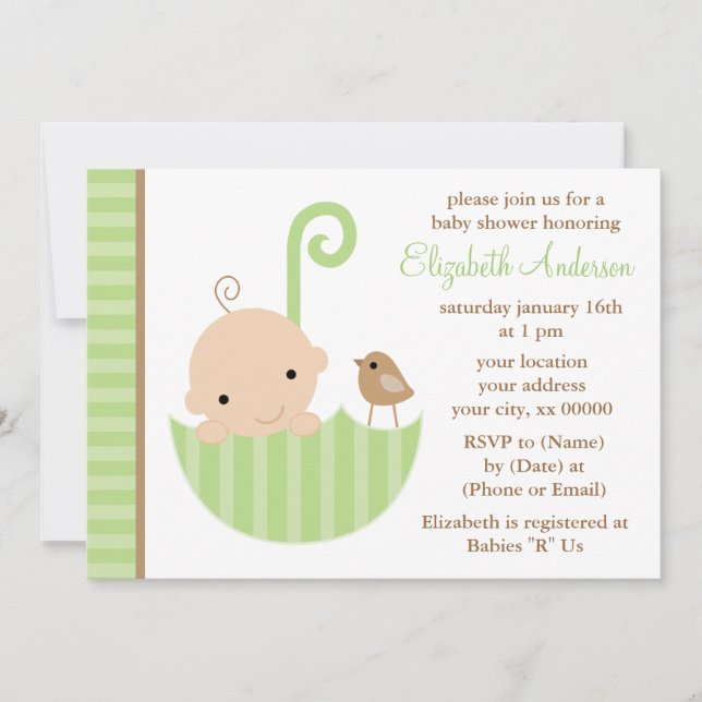 Invitation Bébé dans le baby shower vert de parapluie (Devant)