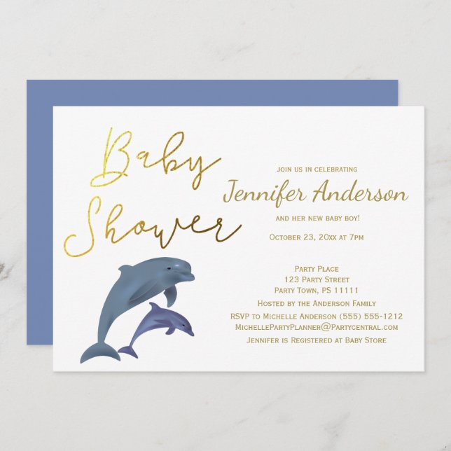 Invitation Bébé Dauphin ou Baby shower de fille (Devant / Derrière)