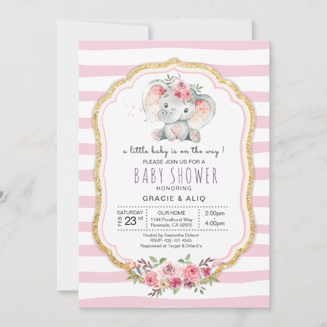 Invitation Bébé de coeur mou Eléphant baby shower fille (Devant)