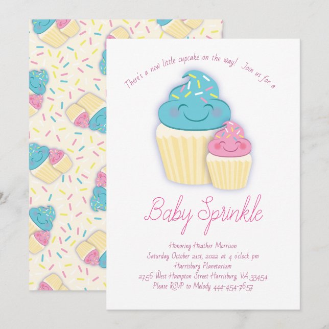 Invitation Bébé de Cupcake mignon Douche Sprinkle (Devant / Derrière)