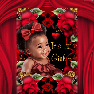 Invitation Bébé de Fête de Naissance Fille Rose Rouge Ethniqu