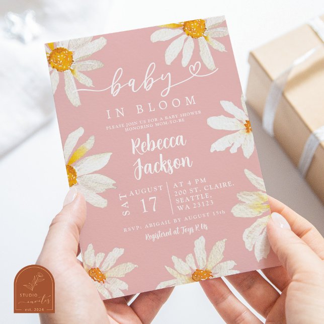 Invitation Bébé De Fleur De Fleur De Fleur Rose Dans Le Baby  (Créateur téléchargé)