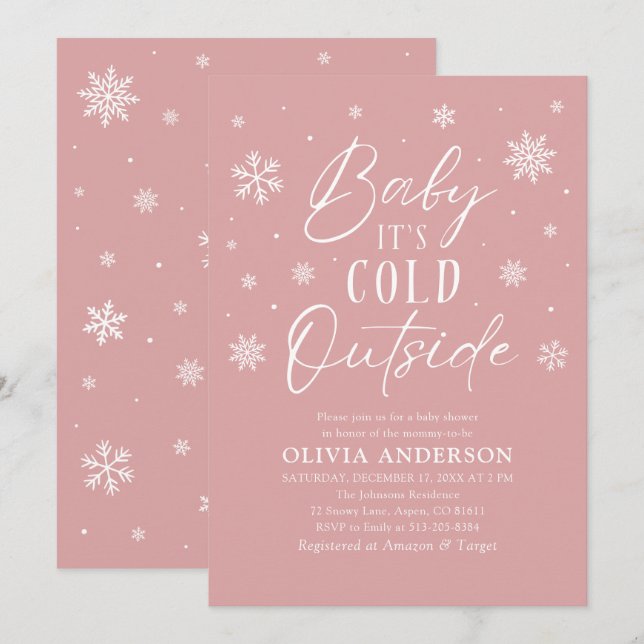 Invitation Bébé d'hiver rose Il fait froid dehors Baby shower (Devant / Derrière)