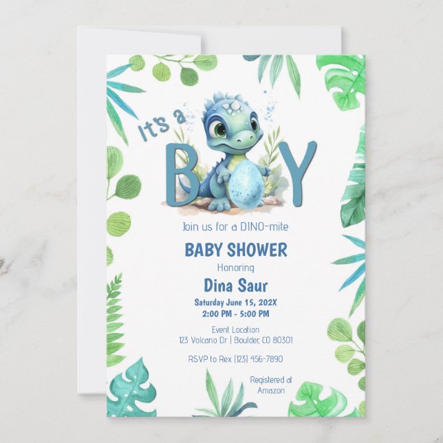 Invitation Bébé Dinosaur Oeuf Vert et Baby shower bleu (Devant)