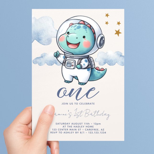 Invitation Bébé Dinosaure astronaute garçon 1er anniversaire (Créateur téléchargé)