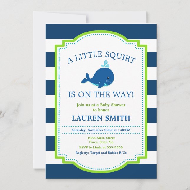 Invitation Bébé d'invitation de baby shower de baleine (Devant)