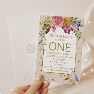 Invitation Bébé d'or Oiseaux Bumble abeilles premier annivers