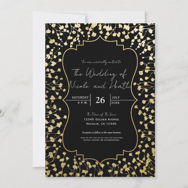 Invitation Bébé d'or souffle Floral Élégant Mariage noir (Devant)