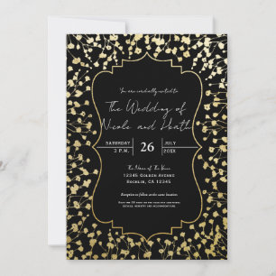 Invitation Bébé d'or souffle Floral Élégant Mariage noir