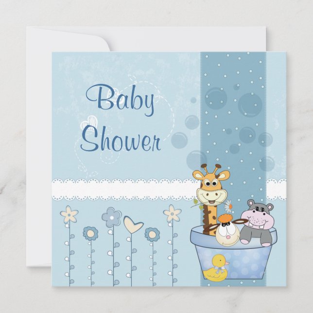 Invitation Bébé Dots Bleus Animaux Fleurs Baby shower (Devant)
