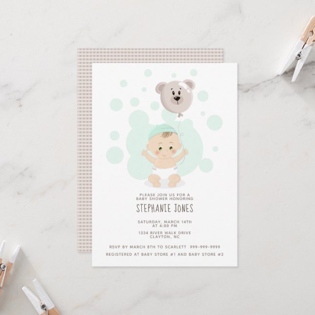 Invitation Bébé doux et ballon d'ours (Devant/Arrière en situation)